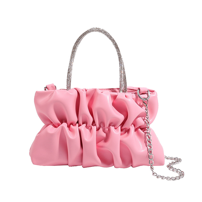 Borsa piccola quadrata rugosa color caramella alla moda e con diamanti d'acqua dolce per le donne 2024 autunno, stile occidentale_voghion.com
