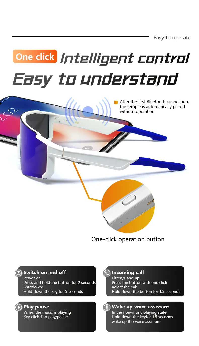 Gafas de sol inteligentes con Bluetooth, diseño de viento y arena (2025), para ciclismo al aire libre, para hombres y niñas, con colores deslumbrantes._voghion.com