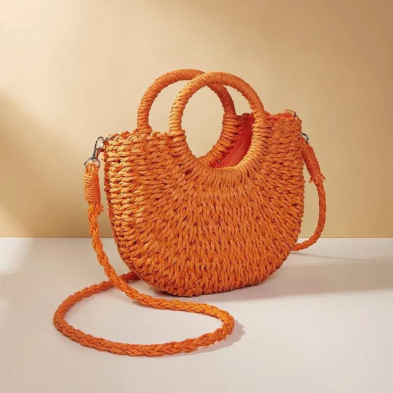 Sommer-Handgefertigte Taschen für Frauen, Weben, Damen, Strohumwickelte Strandtasche, Mondförmige Handtaschen mit Griff oben_voghion.com