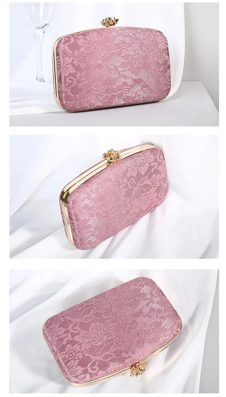 Damen Rosa Spitze Abend Clutch Handtasche Metall Rose Knopf Umhängetasche Kette Braut Geldbörse Bolsas 240827_voghion.com