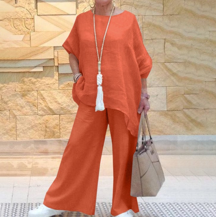 Costume asymétrique décontracté en coton et lin pour femmes, couleur unie, mode, pantalon à jambes larges, ensemble deux pièces
