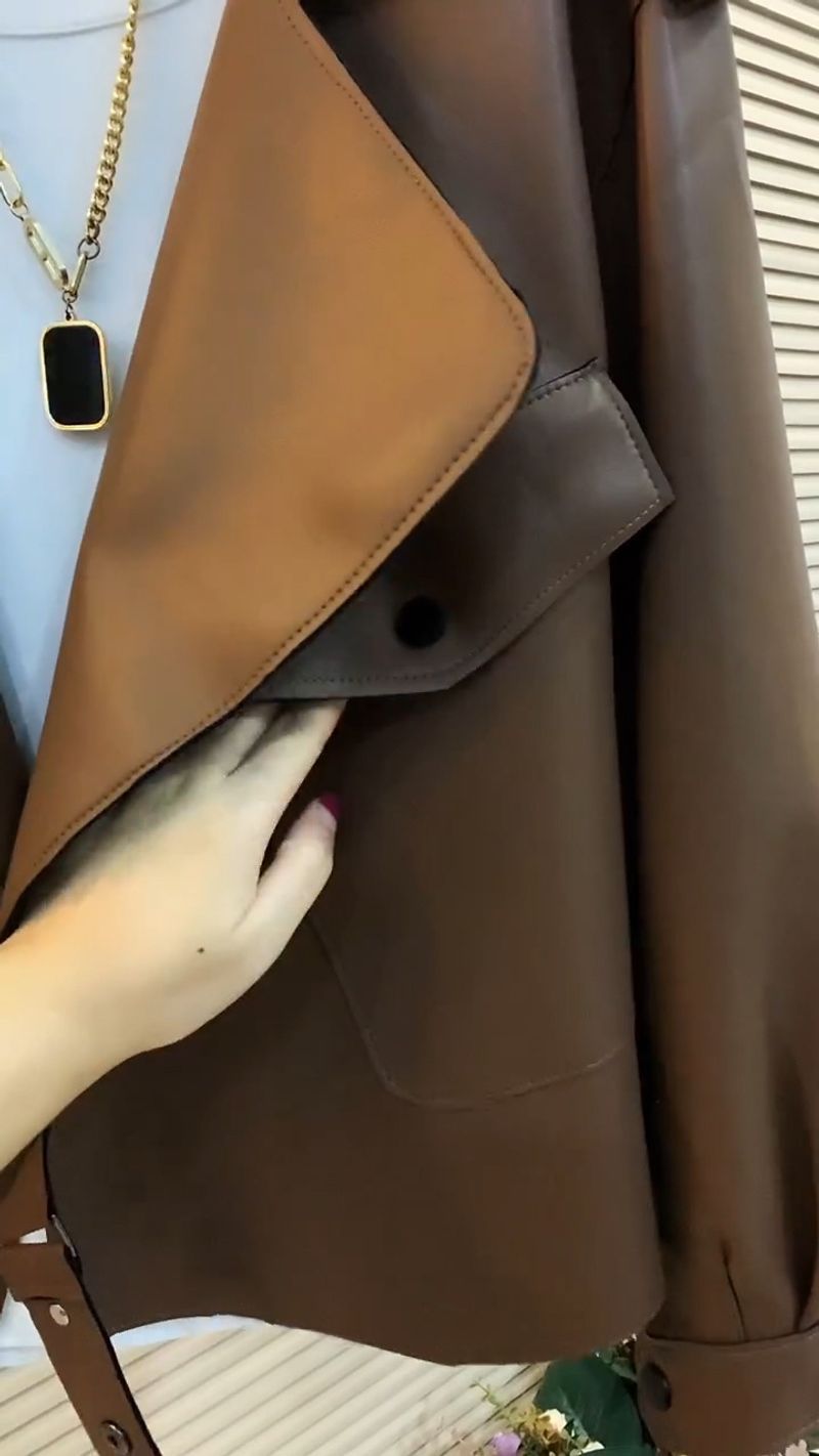 Abbigliamento da donna, giacca da abito di alta qualità, colletto in pelle PU lavata, alla moda, sottile, a maniche lunghe, alla moda_voghion.com