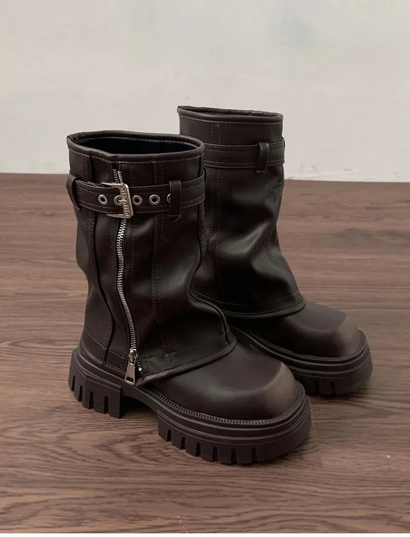Elegant Women's Biker Boots With Belt Buckle And Platform Flat Sole_voghion.com