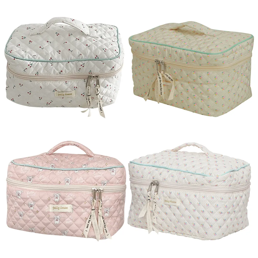 Trousse de toilette coréenne mignonne, portable, zippée, organiseur de voyage, trousse de maquillage matelassée, grande capacité, imprimé floral, pour femmes_voghion.com