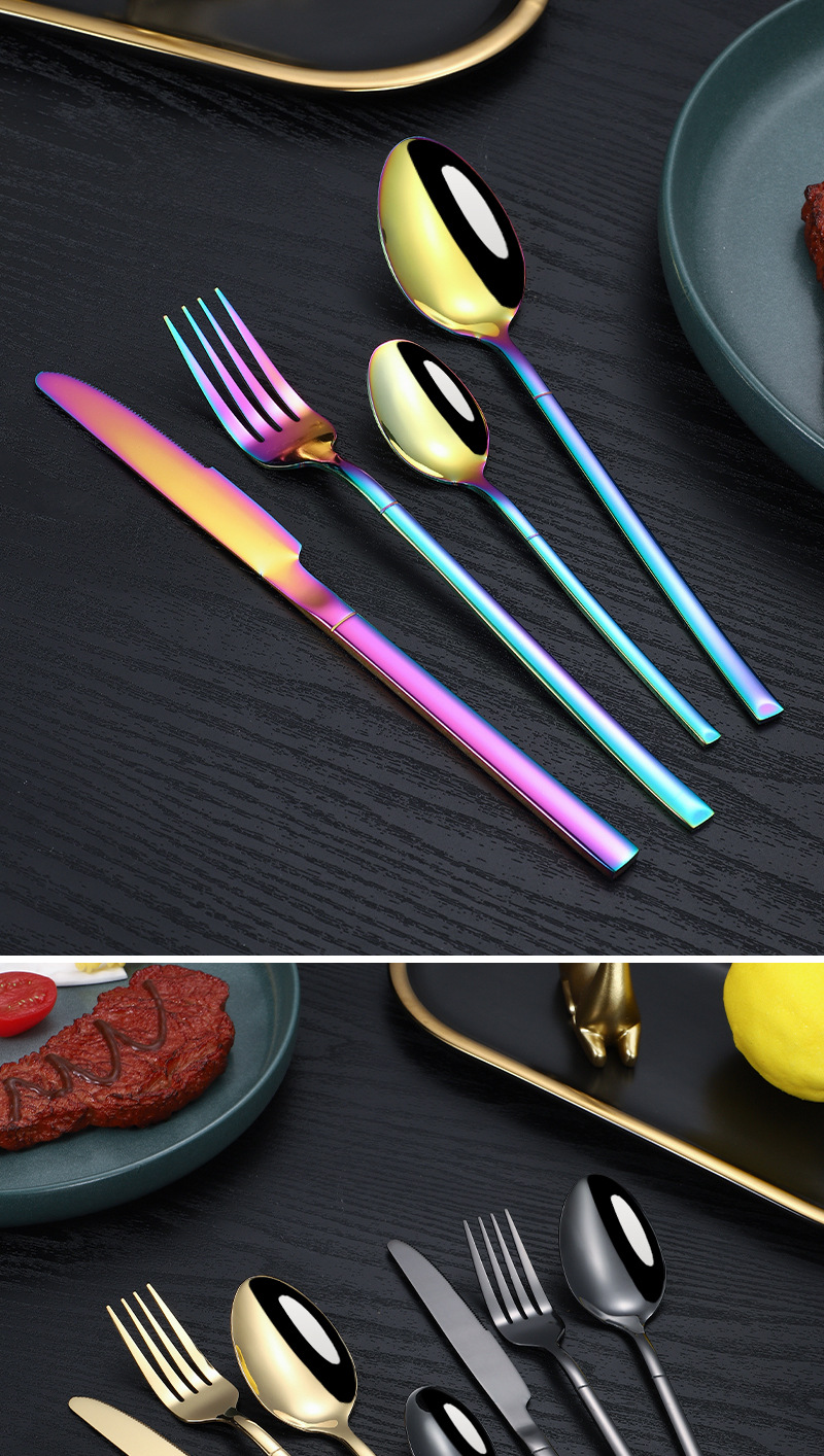 24 of stainless steel tablew, steak knives, forks, spoons, 4 main pieces set, knight Western style gold-plated_voghion.com