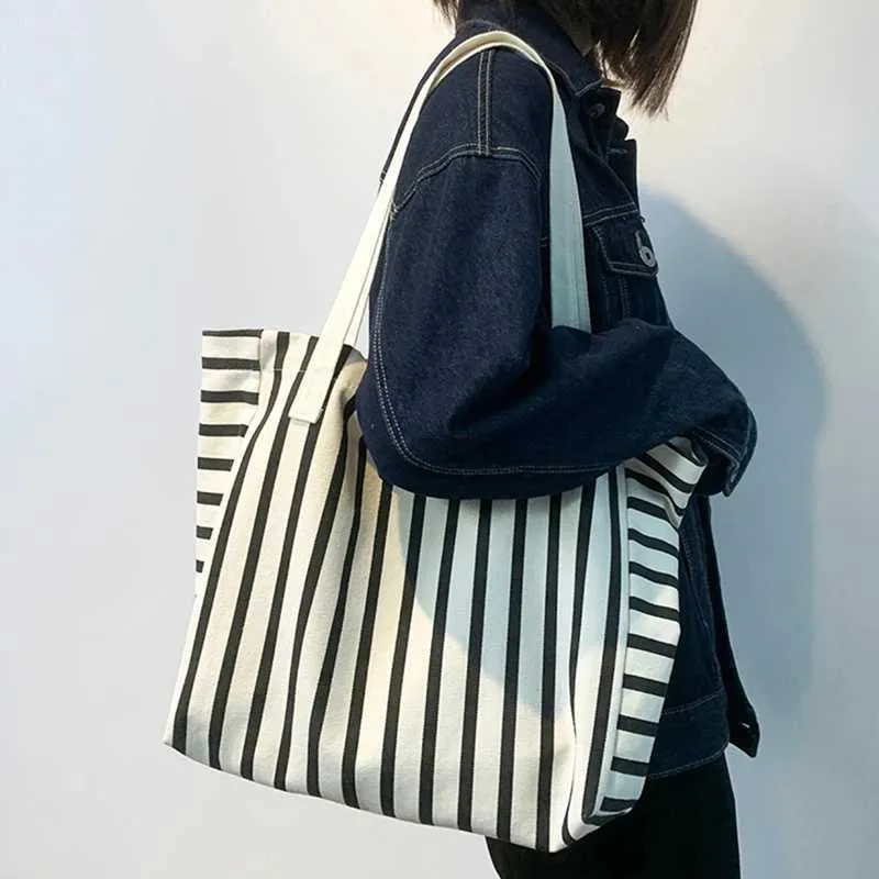 New Beach Handbag Fi Wen Canvas Summer Large Capacity Strip Shopping Bag Y241109_voghion.com