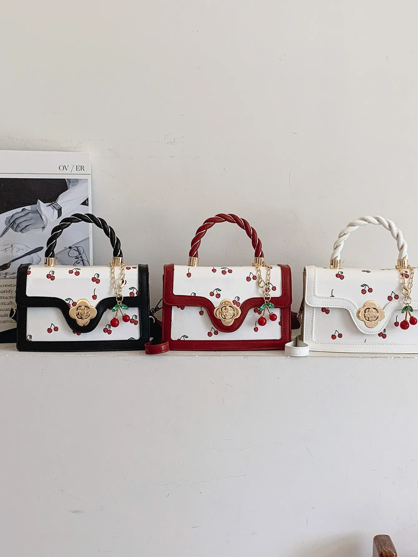 Fashion Crossbody - Cute Cherry Print Small Square Bag With Fresh Color Contrast, Lightweight For Daily Use_voghion.com