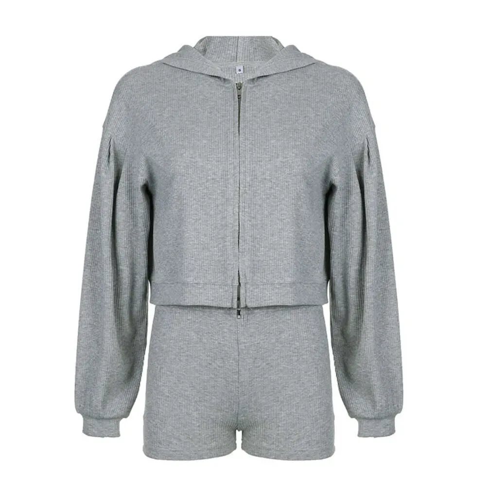 ALL121 Yoga Topp Sweatshorts Hettegenser Tre stk sett Dame Sport Dress Strikket Glidelås Hette Cardigan Sweatshirt Vneck_voghion.com