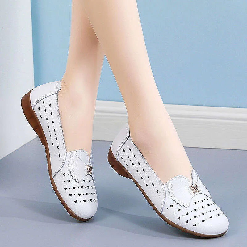 Spring and summer new leather small white women flat fashion casual hollow soft sole large size women's shoes 456_voghion.com