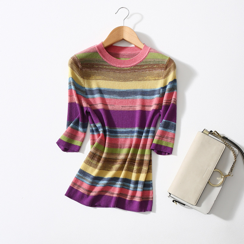 Pull en laine ultrafine pour femme, coupe cintrée, assorti avec tout, manches mi-longues, haut élastique à rayures arc-en-ciel, printemps et été_voghion.com